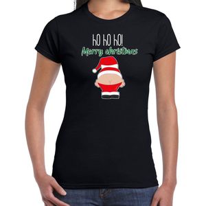 Bellatio Decorations fout Kerst t-shirt dames - Kerstman - zwart - Merry Christmas XS