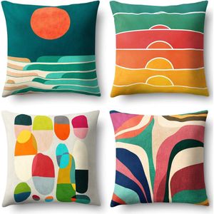 Set van 4 geometrische kleurrijke bedrukte kussenhoezen linnen bankkussenhoes woondecoratie 45 x 45 cm (geometrisch kleurrijk)