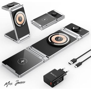 Mrs. Jones Draadloze oplader 3-in-1 zinklegering opvouwbaar magnetisch laadstation voor iPhone 15/14/13/12 serie AirPods Pro/3/2 iWatch 9/8/7/6/SE/5/4/3/2 (zwart) .