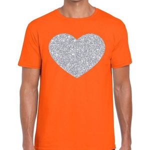 Zilver hart glitter fun t-shirt oranje heren - i love shirt voor heren L