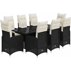 vidaXL 9-delige Bistroset met kussens poly rattan zwart - Bistroset - Bistrosets - Loungeset - Tuinset
