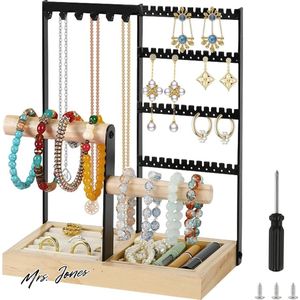 Mrs. Jones Sieradenstandaard-sieradenhouder-sieradenboom-kettingstandaard-horlogestandaard-4 staven-voor kettingen-oorbellen-Watch Stand met houten dienblad .