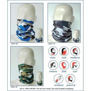 Ega Multipromotions - elastische bandana - neksjaal - nekwarmer - sjaal - motief camo - set van 3 - blauw/grijs - zwart/grijs - groen/zwart