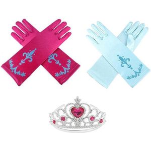 Het Betere Merk - Voor bij je prinsessen verkleedkleding - prinsessenspeelgoed meisje - 3-Pack - handschoenen + Kroon - Tiara - Roze - Blauw