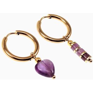 ∅18mm Oorringen met Amethiststeen Stenen - Verguld Stalen - Dames Oorbellen met Paarse Hart en Buis Hangers