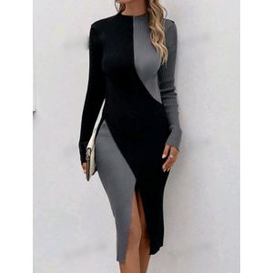 Sexy elegante corrigerende prachtige zwart met grijs stretch trui jurk maat M