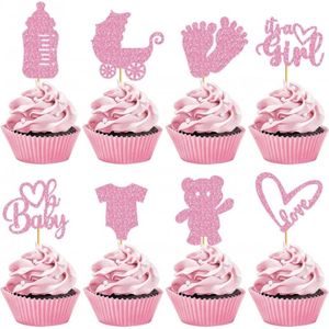 8 cupcake prikkers Baby Girl roze - babyshower - genderreveal - cupcake topper - roze - geboorte - baby