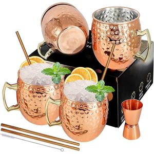 Mokken voor Cocktails - Set van 4 Koperen Plated RVS Muilezel Mokken - 18oz/540ml - Koperen Rietjes Jigger Lepel - Perfect voor Koude Dranken - Cadeau (4 stuks)