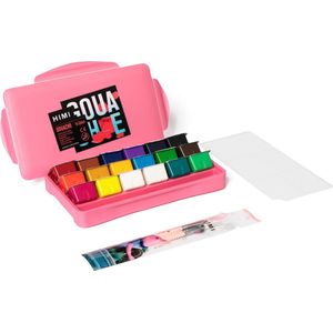 HIMI – Gouache – set van 18 kleuren x 30ml – in kunststof opbergbox roze + 3 penselen