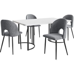 Merax Eettafelset (5-delig) – Moderne Eettafel (140×80×75 cm) met 4 Gestoffeerde Stoelen - Fluwelen Stoelen in Grijs met Ruitpatroon - MDF Tafelblad in Wit en Zwarte Metalen Poten