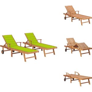 vidaXL Zonnestoel - Zonnestoelen - Zonnebed - Zonnebedden - Ligbedden 2 st met heldergroene kussens massief teakhout