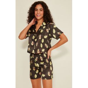 AMARANTA- Cadeau- Satijn Crop Shortama Set-Dames pyjama set-Satijn shortama set-Avocado patroon-maat M, Moederdag Cadeau