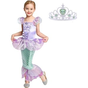 Zeemeermin jurk Prinsessenjurk + kroon - groen - Maat 104/110 (110) Prinsessenjurk meisje verkleedkleren meisje