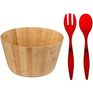 Grote Salade schaal met rood sla couvert - bamboe - lichtbruin - serveerschaal - D30 x H16 cm