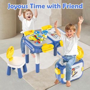 6-in-1 activiteitstafel voor kinderen, 55 stuks bouwstenen en kbaan, speelgoedset, creatieve kindertafel met stoelen, speeltafel bevat 1 stoelen en bouwstenen tafel met opbergruimte