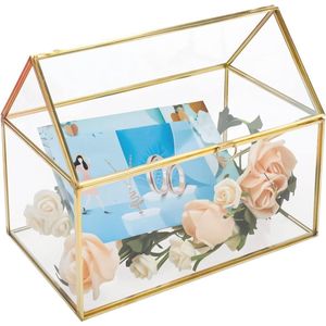 Glazen bruiloftskaartenbox, 25 cm, handgemaakte gouden terrarium, glazen doos voor bruiloften, recepties, tafeldecoratie, cadeau