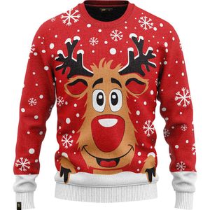 JAP Christmas Kersttrui (maat 3XL) - 100% Gerecycled - Kriebelt niet - Kerstcadeau volwassenen - Foute Kersttrui dames en heren XXXL - Rudolf het Rendier - Rood