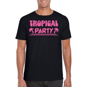 Toppers - Bellatio Decorations Tropical party T-shirt heren - met glitters - zwart/roze -carnaval/themafeest XXL