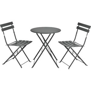 In And OutdoorMatch Bistroset Shenna - Metalen Tuintafel - Met 2 Tuinstoelen - Donkergrijs - Staal - Opvouwbaar