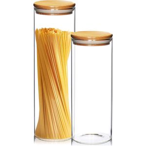 2-delige voorraadpotenset met bamboe deksel, luchtdichte herbruikbare glazen container van borosilicaatglas, 1,8 l & 2,2 l
