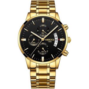 NIBOSI Horloges voor mannen - Horloge mannen – Luxe Goudkleurig Design - Heren horloge - Ø 42 mm – Goudkleurig - Roestvrij Staal - Waterdicht tot 3 bar - Chronograaf - Geschenkset met verstelbare pin