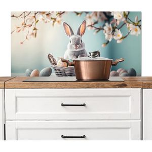 Spatscherm keuken 100x50 cm - Kookplaat achterwand Konijn - Eieren - Mand - Muurbeschermer - Spatwand fornuis - Hoogwaardig aluminium