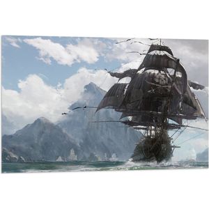 WallClassics - Vlag - Bergen met Piratenschip - 90x60 cm Foto op Polyester Vlag