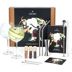 Cocora Gin Tonic Geschenkset - 12-delige RVS Cocktail Set - Tritan® Kristalglazen - Nederlandstalig Cocktail Boek - Cadeau voor Mannen & Vrouwen - Zilver