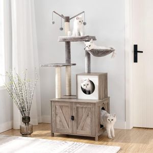 IN.HOMEXL All-In-One kattenmeubel Luckykat - Krabpaal - Hangmat Mand Katten Huis - kattentoiletmeubel - Bruin - 60x142x48cm