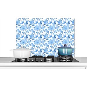 Spatscherm keuken 90x60 cm - Kookplaat achterwand Bloemen - Rozen - Blauw - Patronen - Muurbeschermer - Spatwand fornuis - Hoogwaardig aluminium
