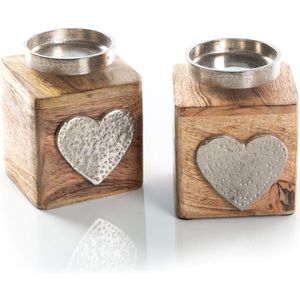 2 kandelaars cadeau hout Valentijnsdag verjaardag bruiloft zilver metaal 10 x 10 cm liefde twee harten