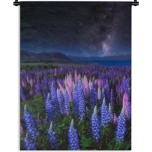 Wandkleed - Wanddoek - Bloemen - Nacht - Lupine - Sterrenhemel - Paars - Natuur - 120x160 cm - Wandtapijt