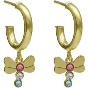 Cadeau voor haar - Victoria Cruz A3971-MDT Zilveren Halve Oorringen - Dames - Hangertje - Libelle - Kristal - Multi Kleuren - Oorring - 15 x 2,6 mm - Totaal Lengte 24,6 mm - Zilver - Gold Plated (Verguld/Goud op Zilver)