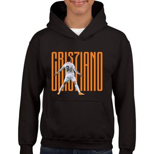 Ronaldo - Kinder Hoodie - Zwart - Maat 110/116 - Hoodie leeftijd 5 tot 6 jaar - Voetbal shirt - Cadeau - Hoodie- CR7 - voetbal - verjaardag - Unisex Kids hoodie - Oranje Tekst