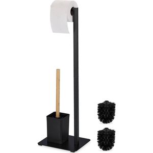 Toiletborstel Set Bamboe RVS Vrijstaand Modern Wc-Borstel - Zwart/Natuur wc borstel met houder en toiletrol