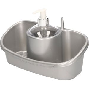 Sponsbakje met zeeppompje/dispenser zilver - 26 cm - Zeeppompjes/zeepdispensers - Badkamer, toilet en keuken