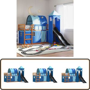 vidaXL Stapelbed met glijbaan en gordijnen blauw 90x200 cm