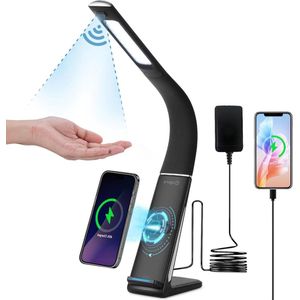 Bureaulamp Smart Gesture Sensing LED-Bureaulamp met Draadloze Oplader en USB-Oplaadpoort en Sensoren en Oneindig Dimmen en Armverstelling 270 ° (Zwart)