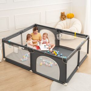 Grondbox Baby - 150x180x66cm - Grijs - met 50x Oceaanballen en 4x Handringen - Speelbox - Kruipbox - Kinderbox - Playpen