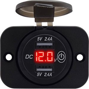 ProRide 12V USB Stopcontact 2 Poorten Inbouw met Schakelaar/Voltmeter - 5V/2.4A - USB Autolader, Boot en Camper - Complete set - Rood