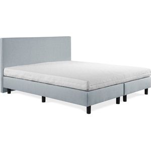 Boxspring Sofia luxe ijsblauw 160x200 incl. wit matras, hoofdbord glad uitgevoerd.