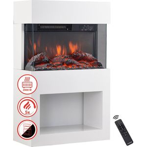 KAMINIO Elektrische haard HENRI - Elektrische houtkachel met verwarming, 3D-vlameffect, houtopslag, afstandsbediening - Wit