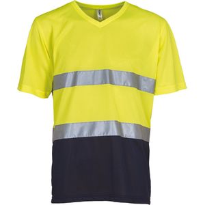 T-shirt Unisex L Yoko V-hals Korte mouw Hi Vis Yellow / Navy 100% Polyester