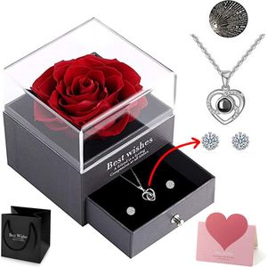 Blazelife - Eeuwige Bloem Rose + Sieraden Doos + Silver Hartjes Ketting + Oorbel- Eeuwige Roos Cadeau voor Vrouw- Verjaardag Cadeau Vriendin - Romantisch Cadeau - Huwelijksaanzoek - Liefde -925 Silver