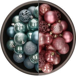 Bellatio Decorations Kerstballen mix - 74-delig - oudroze en ijsblauw - 6 cm - kunststof