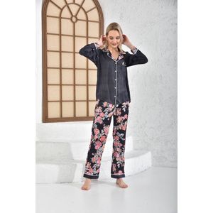 Satijn Dames 2- Delige -Pyjama- Luxe Pyjamaset- Nachtkleding Zwart Bloemen Print Maat XL
