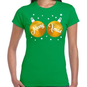 Fout kerst t-shirt groen met gouden merry Xmas ballen borsten voor dames - kerstkleding / christmas outfit XS