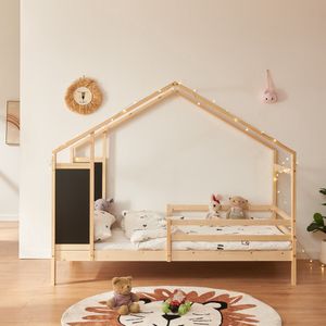Kinderbed Lorenskog houten huisbed met valbescherming 200x90 cm naturel [en.casa]