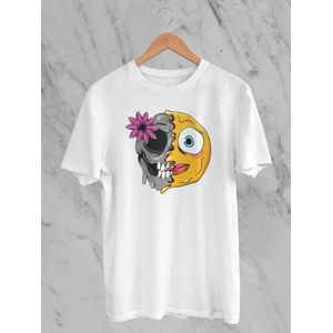 Feel Free - Halloween T-Shirt - Smiley: smileymeisje met bloem - Maat XL - Kleur Wit