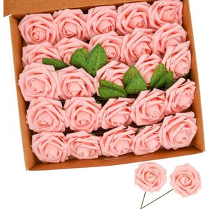 25 stuks kunstrozen, 8 cm, rozen kunstbloem met steel, kunstrozen voor doe-het-zelf bruiloftsboeketten, bloemstukken, feesttafels, woondecoratie (roze)